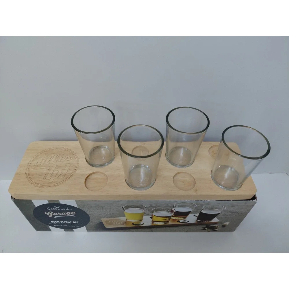 Hallmark Garage Beer Flight Set Wood Tasting Paddle 4 Glasses Fill 'er Up Gift